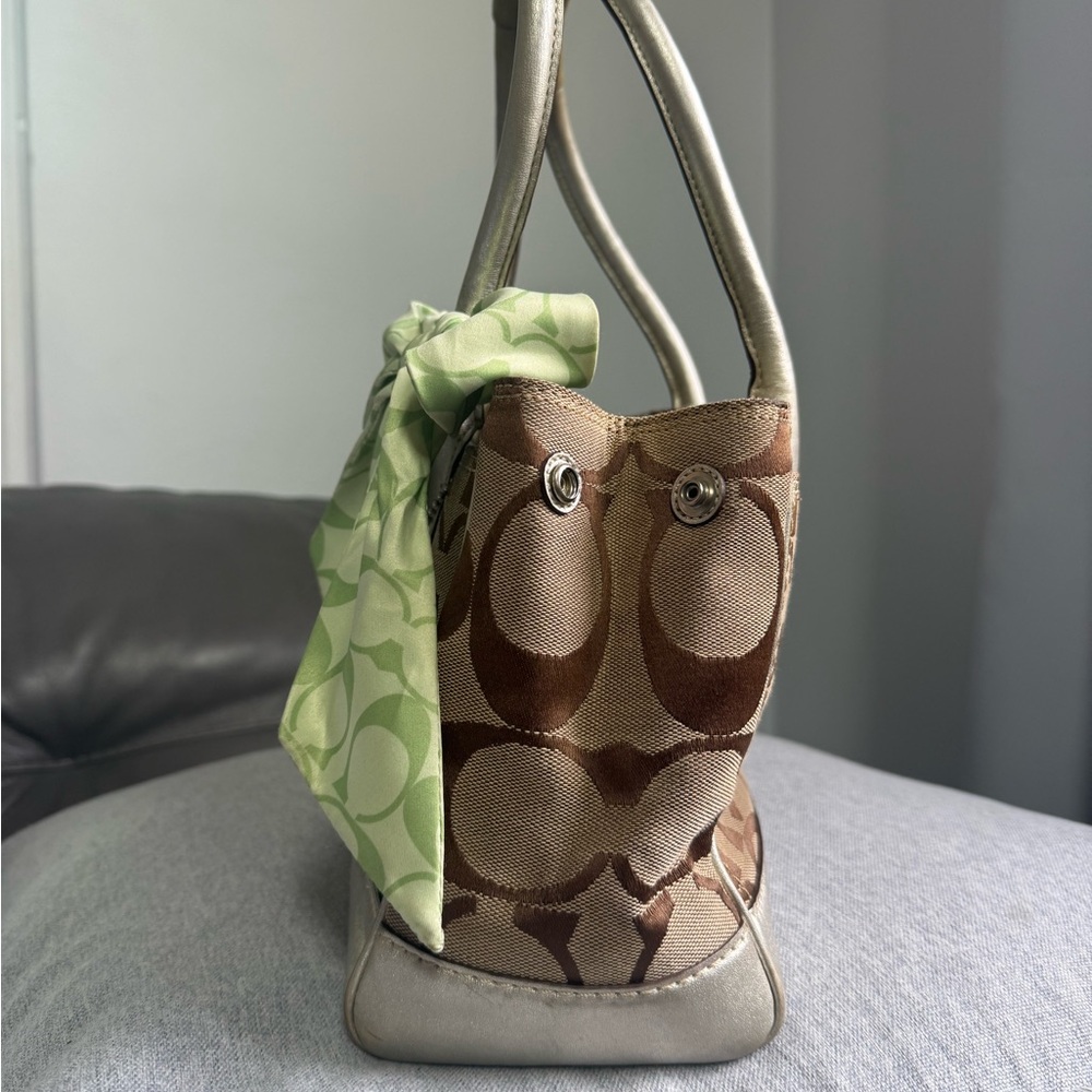 Coach Tan and Green Satchel with Bow Accent - Picture 2 of 10